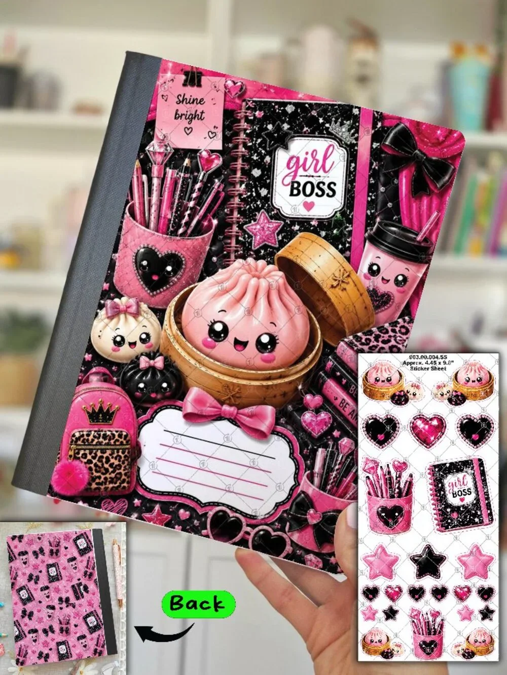 2/$20 💥🆕 Dumplings Pink/Blk Composition Notebook & Sticker Sheet | 903.00.004